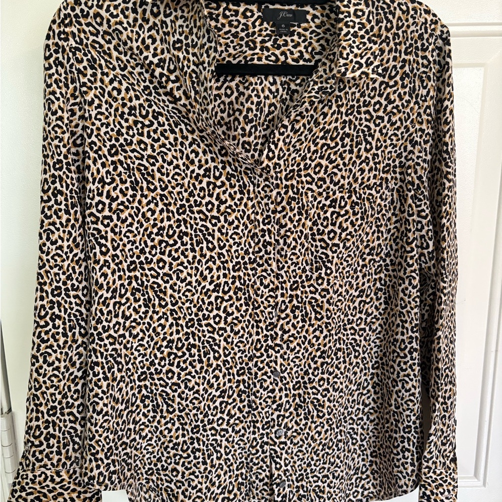 J. Crew Leopard Print Silk Button Down Shirt - Black and Tan